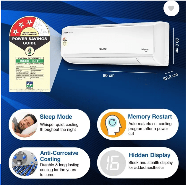 Voltas 2024 Model 1.5 Ton 3 Star Split Inverter AC - White (183V CAX(4503692), Copper Condenser) - Image 2